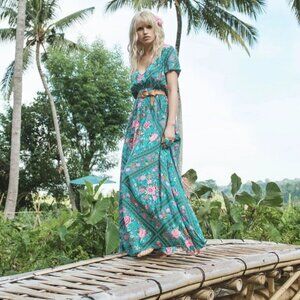 Spell & the Gypsy Collective Babushka Turquoise Maxi Dress Gown Size XS b180E